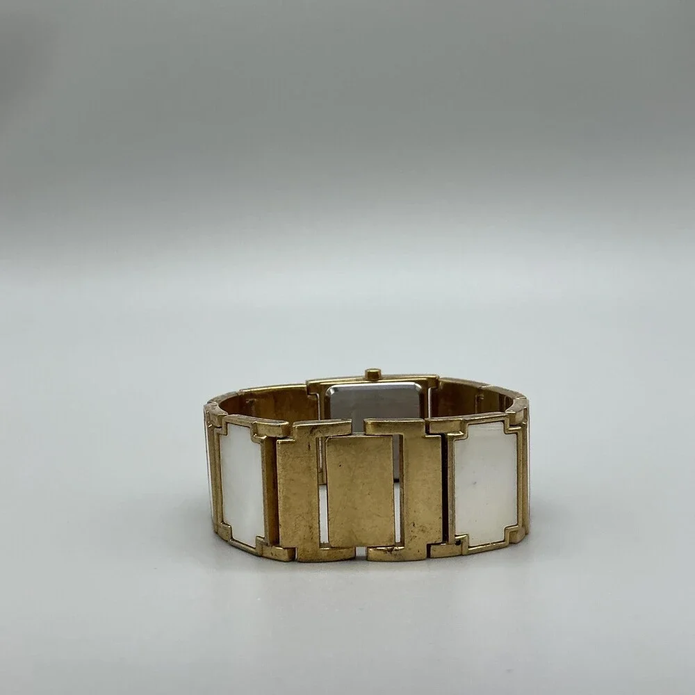 Mother of Pearl Inlay Band Womens Watch 22mm Gold Tone Square New Battery 6.5
